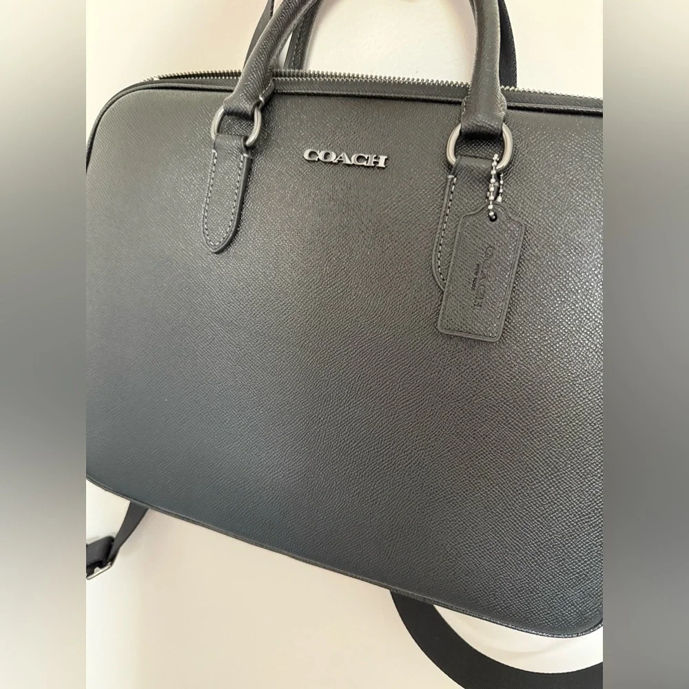 Unisex Coach black Leather Laptop Bag with Detachable Strap